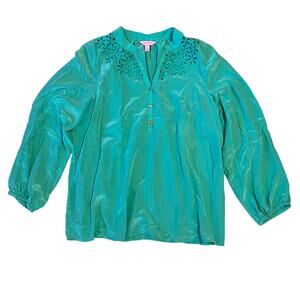 Lilly Pulitzer Silk Teal/Aqua Long Sleeve Blouse w/ Floral Eyelet Detail Size XL